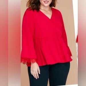 Lane Bryant Red V-Neck Faux Wrap Long Sleeve Top With Lace Size 16